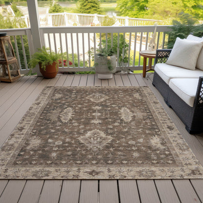 10' X 14' Brown And Beige Floral Washable Indoor Outdoor Area Rug