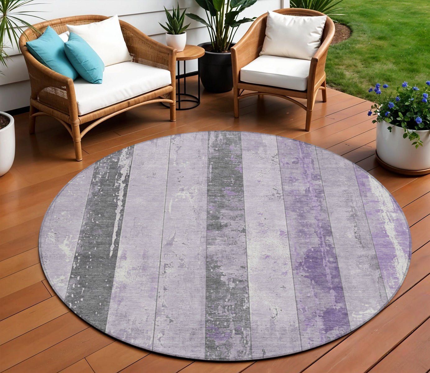 8' Lavender And Charcoal Round Striped Washable Indoor Outdoor Area Rug