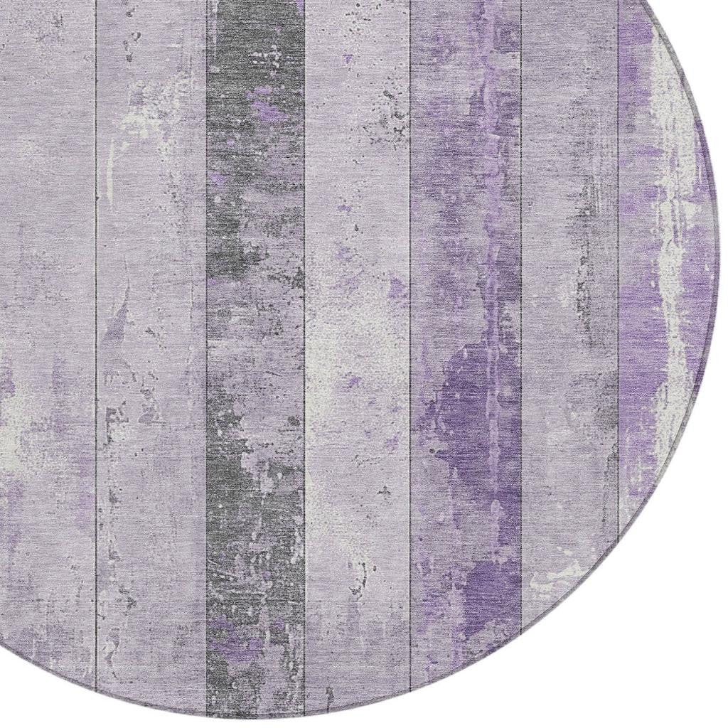 8' Lavender And Charcoal Round Striped Washable Indoor Outdoor Area Rug