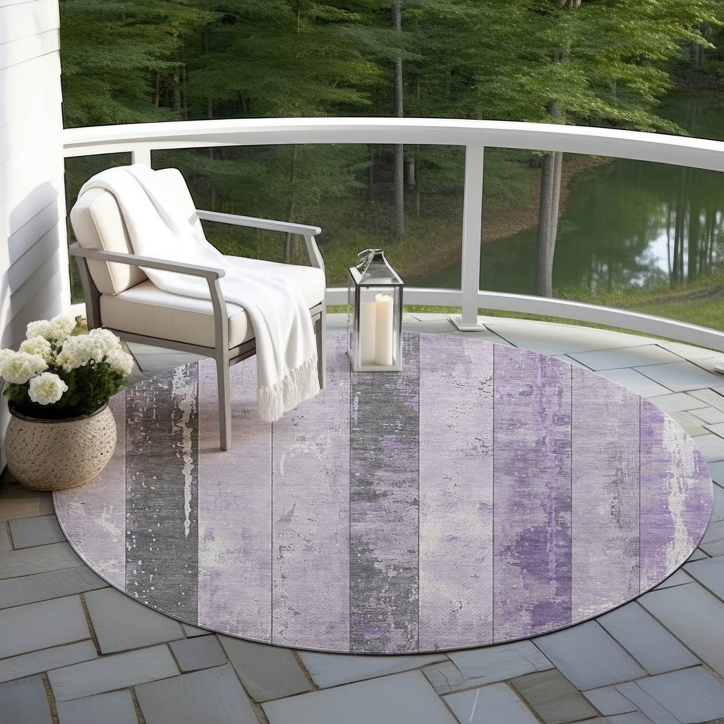 8' Lavender And Charcoal Round Striped Washable Indoor Outdoor Area Rug