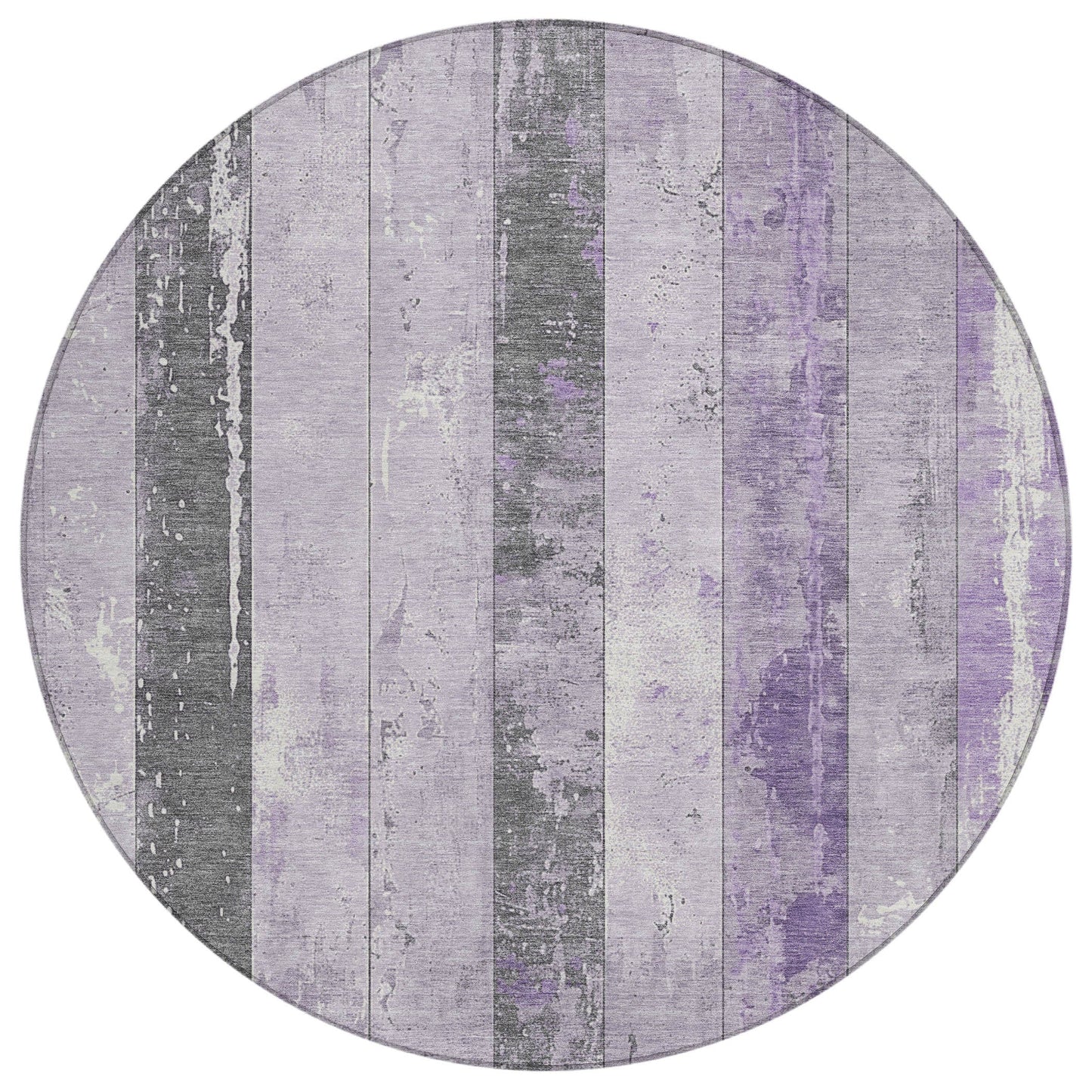 8' Lavender And Charcoal Round Striped Washable Indoor Outdoor Area Rug