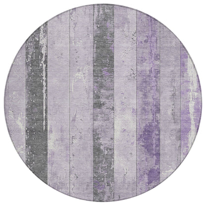 8' Lavender And Charcoal Round Striped Washable Indoor Outdoor Area Rug