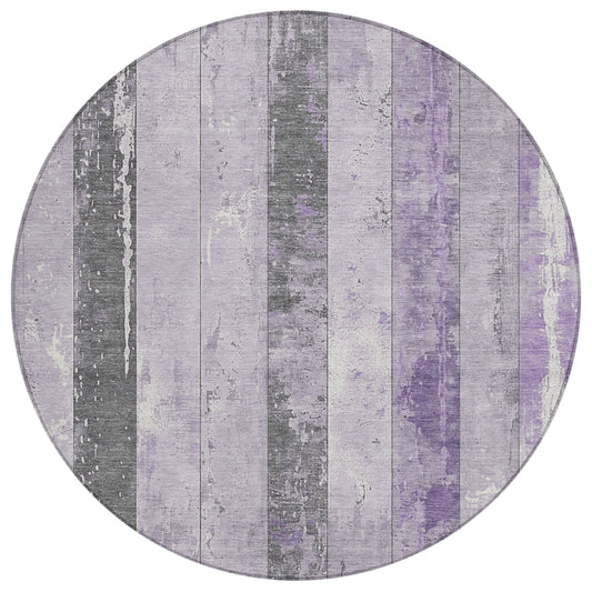 8' Lavender And Charcoal Round Striped Washable Indoor Outdoor Area Rug
