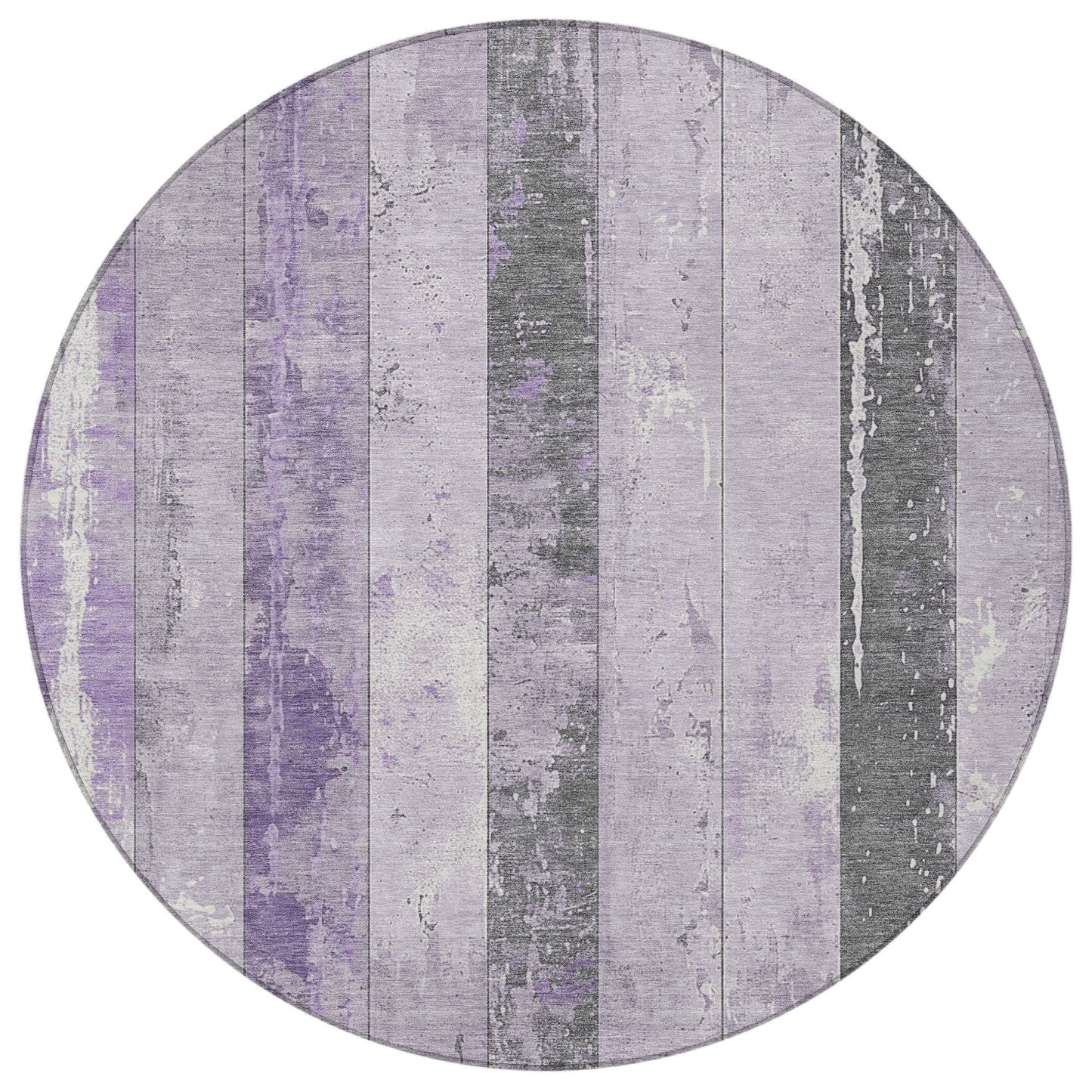 8' Lavender And Charcoal Round Striped Washable Indoor Outdoor Area Rug