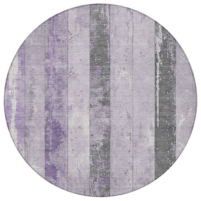 8' Lavender And Charcoal Round Striped Washable Indoor Outdoor Area Rug