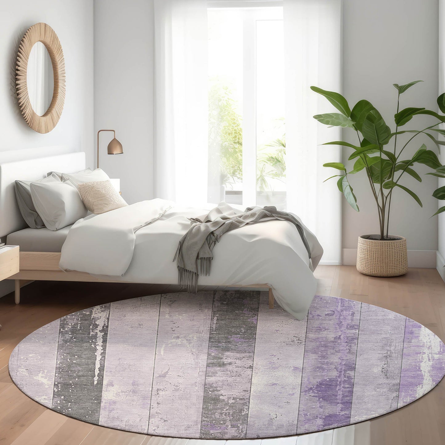 8' Lavender And Charcoal Round Striped Washable Indoor Outdoor Area Rug