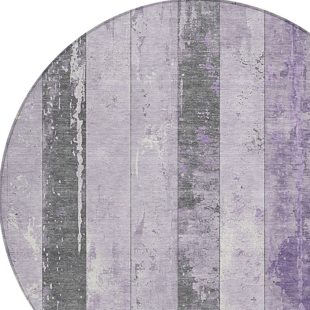 8' Lavender And Charcoal Round Striped Washable Indoor Outdoor Area Rug