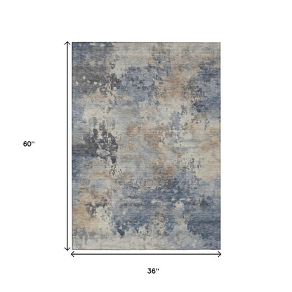 3' X 5' Denim Blue Beige And Charcoal Abstract Washable Indoor Outdoor Area Rug