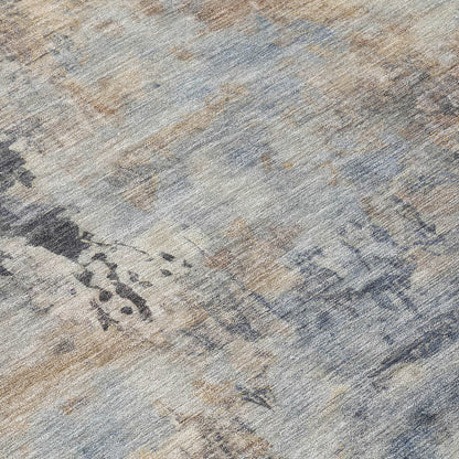 3' X 5' Denim Blue Beige And Charcoal Abstract Washable Indoor Outdoor Area Rug