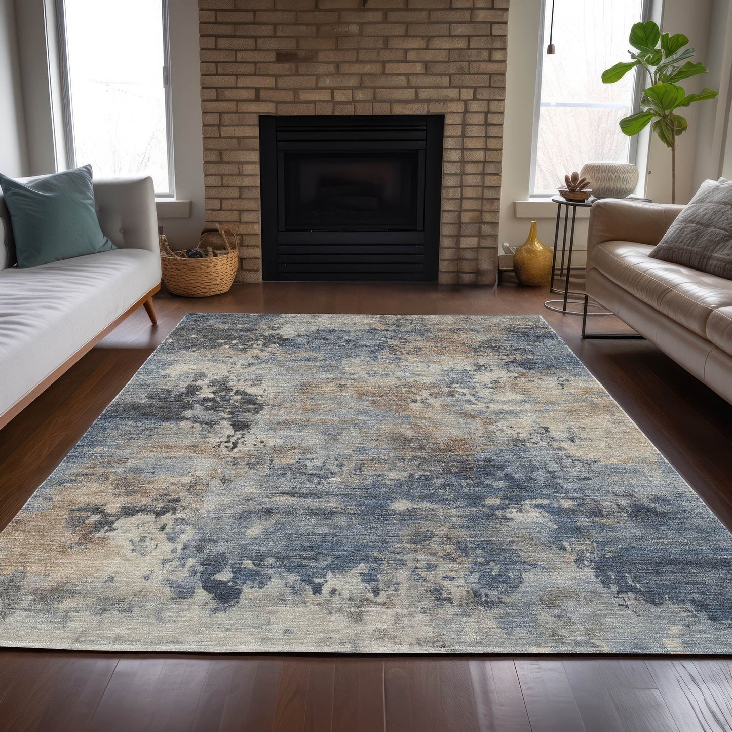 3' X 5' Denim Blue Beige And Charcoal Abstract Washable Indoor Outdoor Area Rug