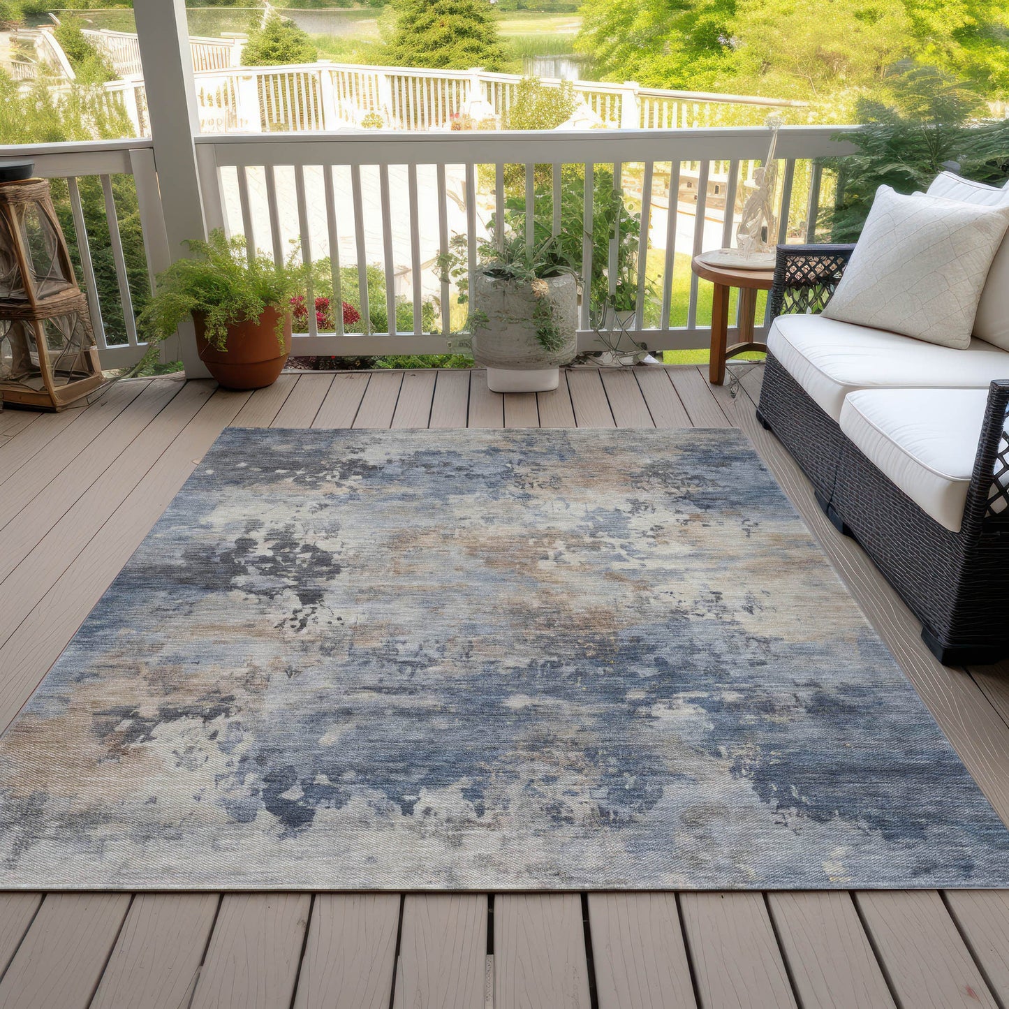 3' X 5' Denim Blue Beige And Charcoal Abstract Washable Indoor Outdoor Area Rug