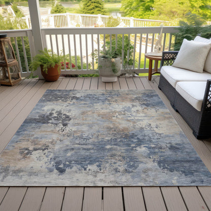 3' X 5' Denim Blue Beige And Charcoal Abstract Washable Indoor Outdoor Area Rug