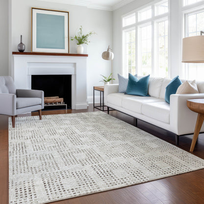8' X 10' Beige And Chocolate Geometric Washable Indoor Outdoor Area Rug