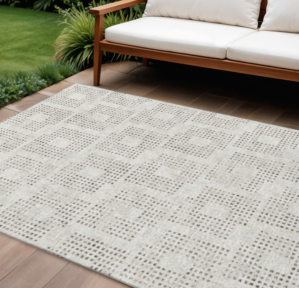 8' X 10' Beige And Chocolate Geometric Washable Indoor Outdoor Area Rug