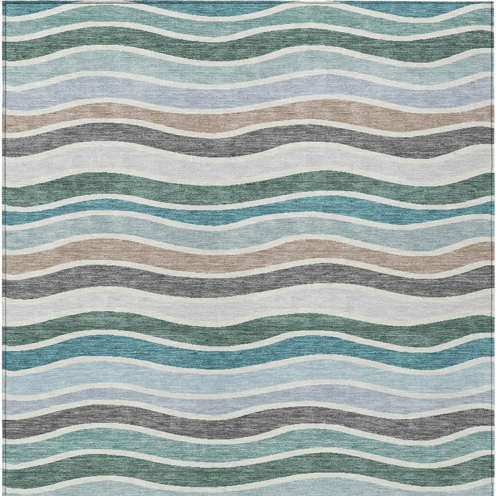 9' X 12' Teal Blue Khaki And Ivory Striped Washable Indoor Outdoor Area Rug