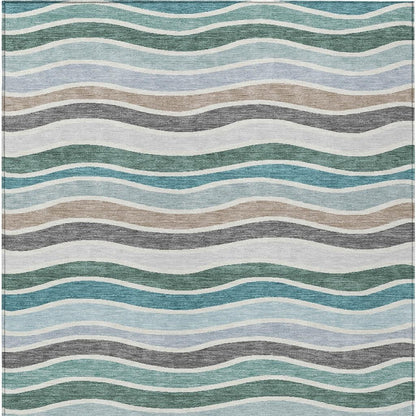 9' X 12' Teal Blue Khaki And Ivory Striped Washable Indoor Outdoor Area Rug