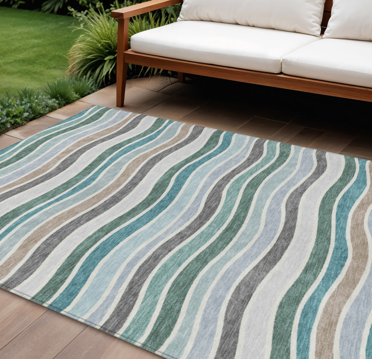 9' X 12' Teal Blue Khaki And Ivory Striped Washable Indoor Outdoor Area Rug