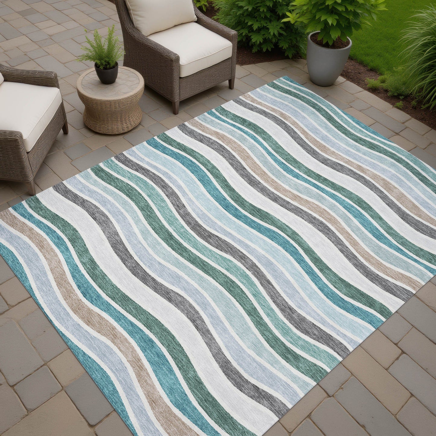 9' X 12' Teal Blue Khaki And Ivory Striped Washable Indoor Outdoor Area Rug