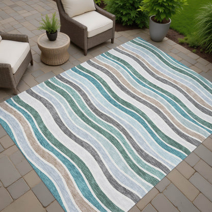 9' X 12' Teal Blue Khaki And Ivory Striped Washable Indoor Outdoor Area Rug