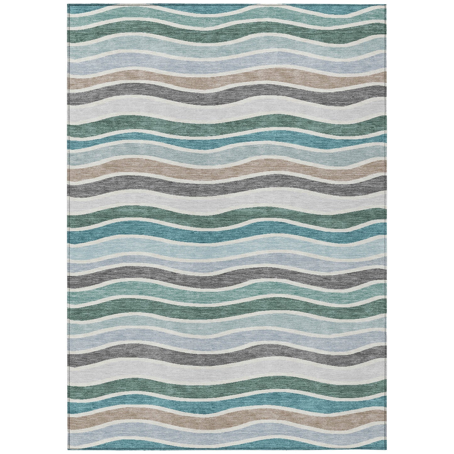 9' X 12' Teal Blue Khaki And Ivory Striped Washable Indoor Outdoor Area Rug