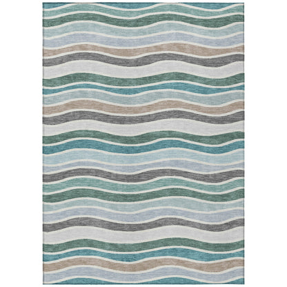 9' X 12' Teal Blue Khaki And Ivory Striped Washable Indoor Outdoor Area Rug