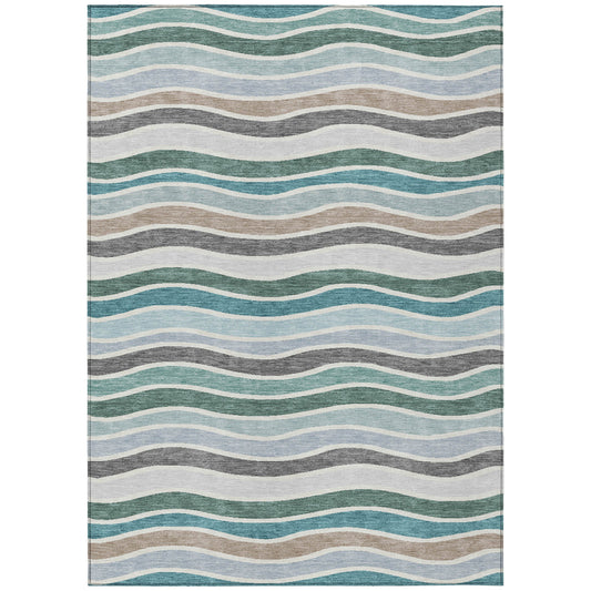 9' X 12' Teal Blue Khaki And Ivory Striped Washable Indoor Outdoor Area Rug