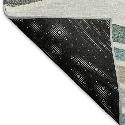 9' X 12' Teal Blue Khaki And Ivory Striped Washable Indoor Outdoor Area Rug