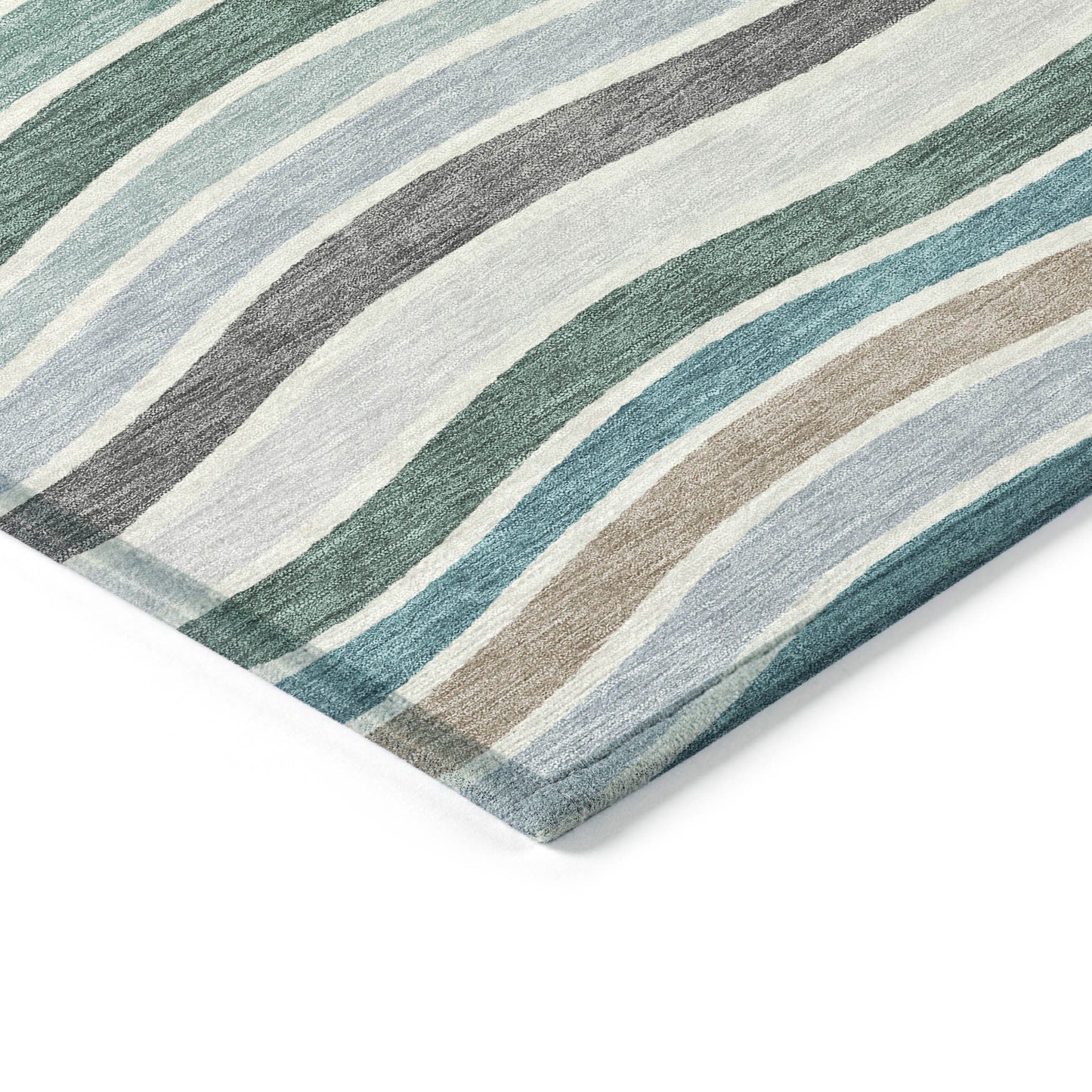 9' X 12' Teal Blue Khaki And Ivory Striped Washable Indoor Outdoor Area Rug