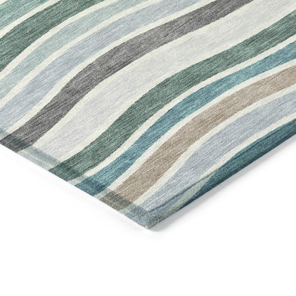 9' X 12' Teal Blue Khaki And Ivory Striped Washable Indoor Outdoor Area Rug