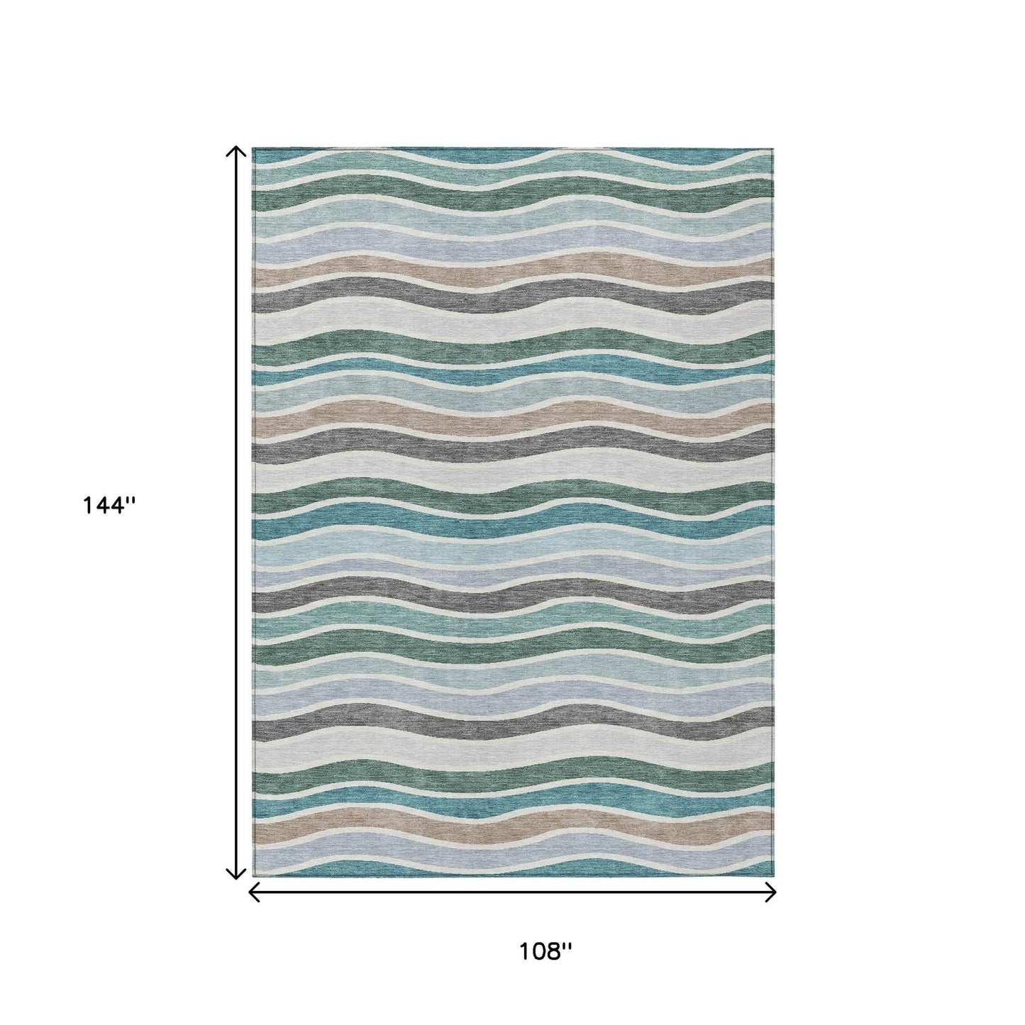 9' X 12' Teal Blue Khaki And Ivory Striped Washable Indoor Outdoor Area Rug