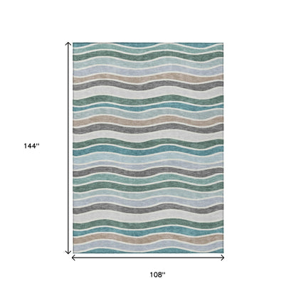 9' X 12' Teal Blue Khaki And Ivory Striped Washable Indoor Outdoor Area Rug