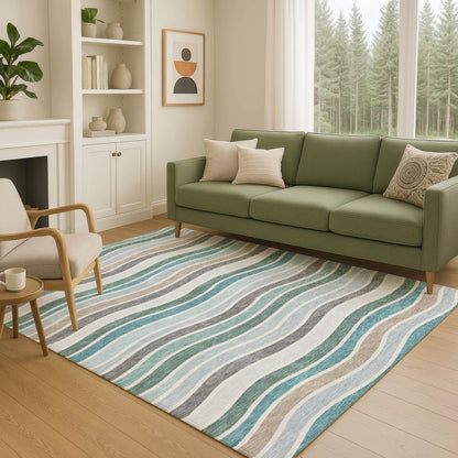 9' X 12' Teal Blue Khaki And Ivory Striped Washable Indoor Outdoor Area Rug