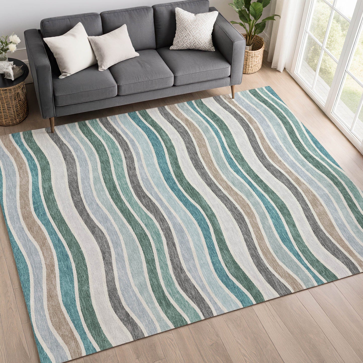 9' X 12' Teal Blue Khaki And Ivory Striped Washable Indoor Outdoor Area Rug