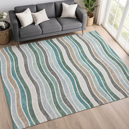 9' X 12' Teal Blue Khaki And Ivory Striped Washable Indoor Outdoor Area Rug