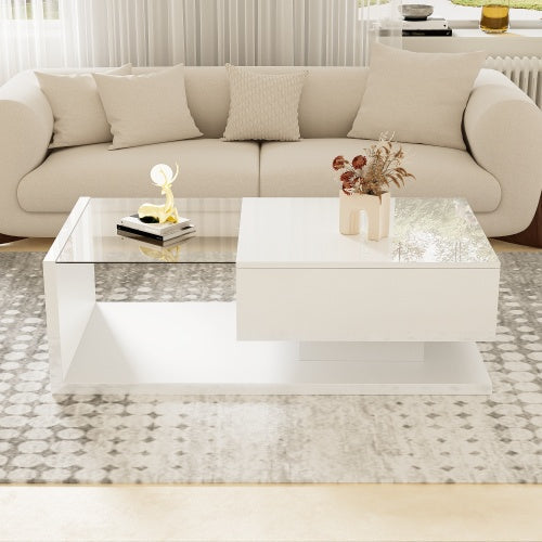 Modern High-Gloss White Coffee Table with Glass Top and LED Lighting