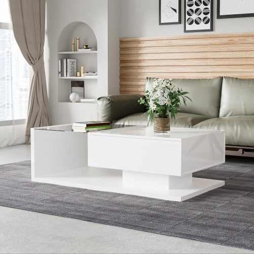Modern High-Gloss White Coffee Table with Glass Top and LED Lighting