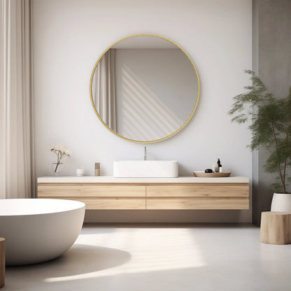 JHK 30 Inch Large Gold Round Vanity Framed Mirror for Wall Matte Metal Framed Modern Mirror Tempered Glass Bedroom Living Room