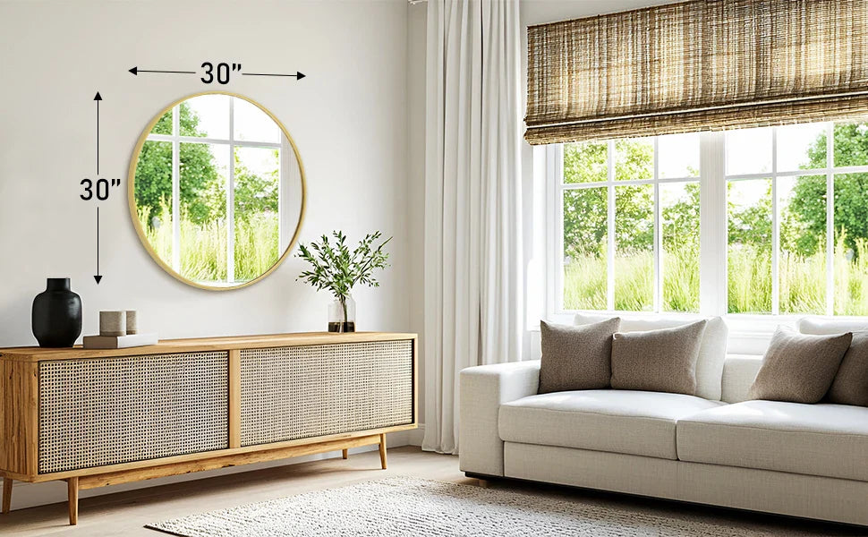 JHK 30 Inch Large Gold Round Vanity Framed Mirror for Wall Matte Metal Framed Modern Mirror Tempered Glass Bedroom Living Room
