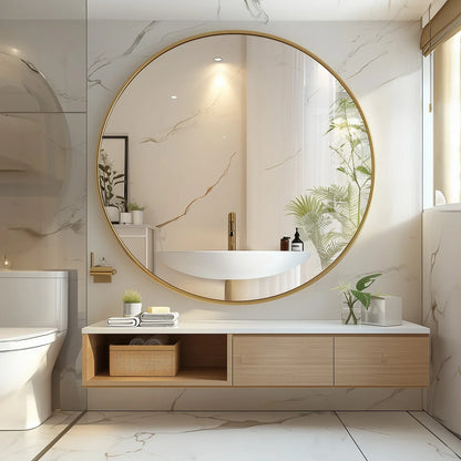 JHK 30 Inch Large Gold Round Vanity Framed Mirror for Wall Matte Metal Framed Modern Mirror Tempered Glass Bedroom Living Room