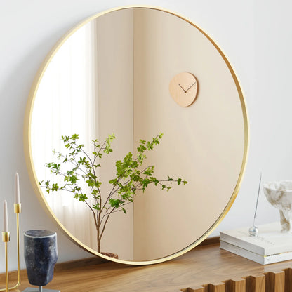 JHK 30 Inch Large Gold Round Vanity Framed Mirror for Wall Matte Metal Framed Modern Mirror Tempered Glass Bedroom Living Room