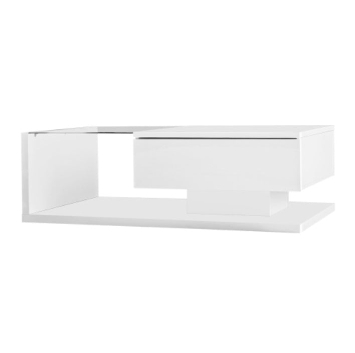 Modern High-Gloss White Coffee Table with Glass Top and LED Lighting
